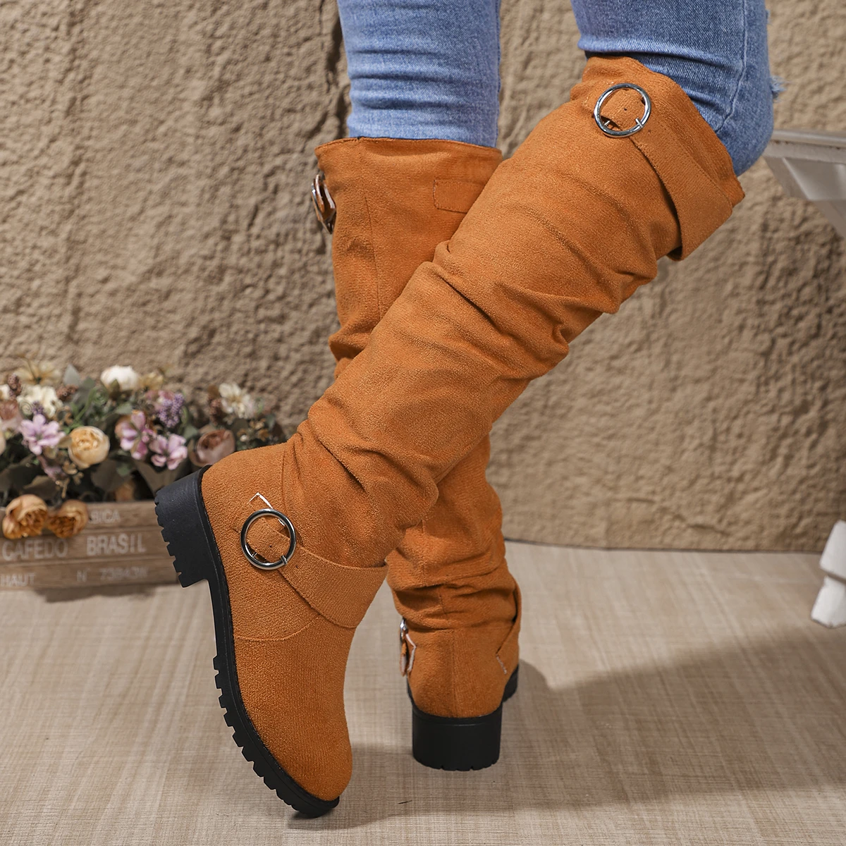 Women Stylish Mid-Calf Slouchy Boots Soft Comfortable Round Toe Design Easy Pull-On Closure Outdoor Casual Shoes Shoes for Women