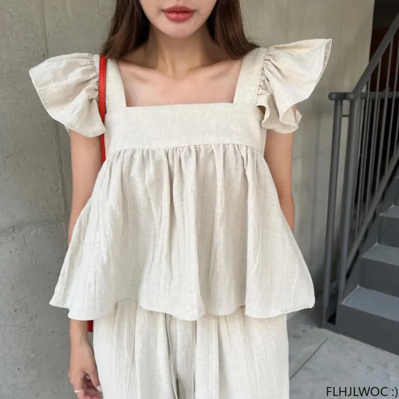 Chic Korea Short Crop Tops Blusas Women 2023 Baby Shirt Design Solid Color Square Neck Cute Japan Girls Retro Vintage Blouses