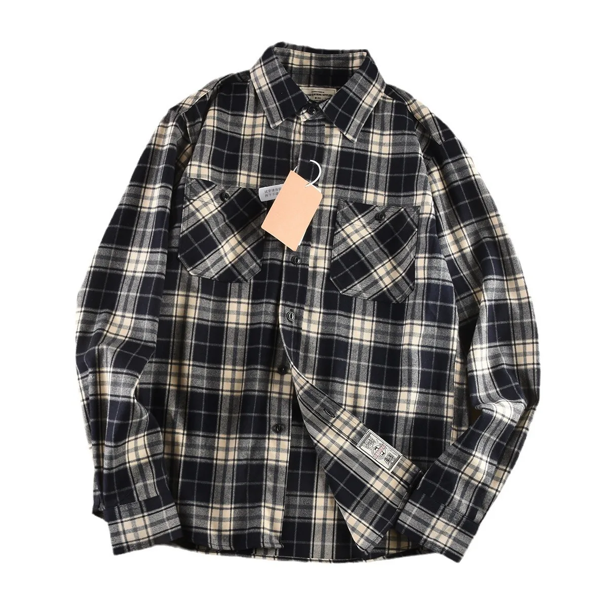 2024 New Retro Plaid Shirt Spring and Autumn Wind Double-pocket Cargo Long-sleeved Shirt Men's Fashion