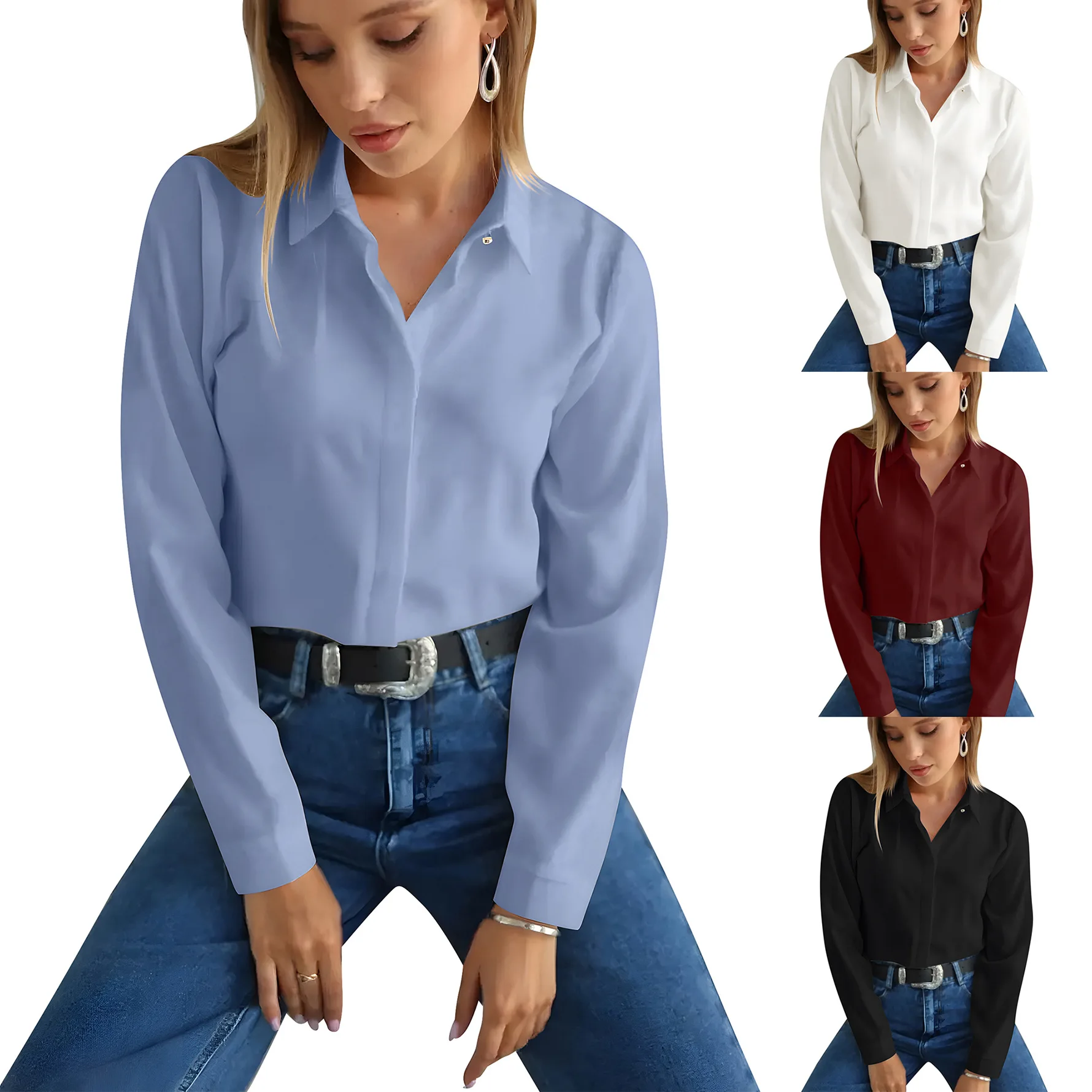 2024 new Spring Autumn Women's Blouse Tops Pure Color Lapel Long Sleeve Tops Female Office Commuting Shirt Women's Clothing