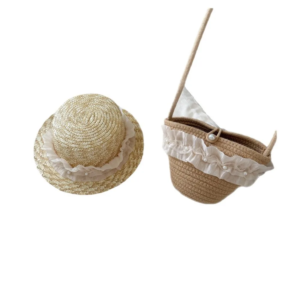 Kids Summer Straw Hat and Bag Set Cute Handle Woven Bag with Lace Trim Sun Hat for Toddler Girls Beach Weaving Hat Handbags BT14 view 6