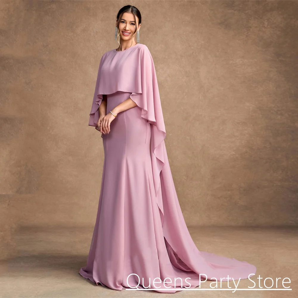 

Mermaid Mother of The Bride Dress with Cape Customized Round Neck Sleeveless Sweep Train Wedding Guest Gown Arabian Party Dress