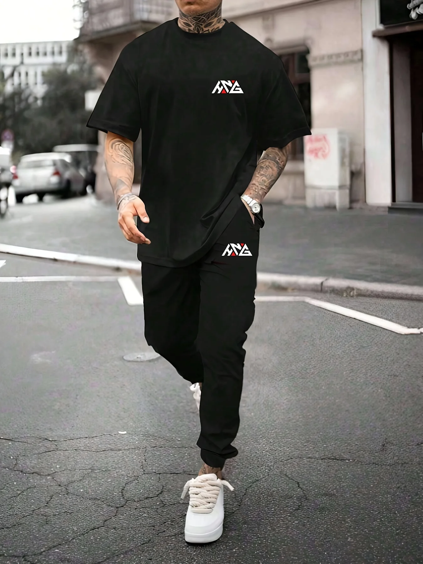 

Fashionable street men's new letter printed breathable round neck T-shirt pants set summer outdoor casual sportswear