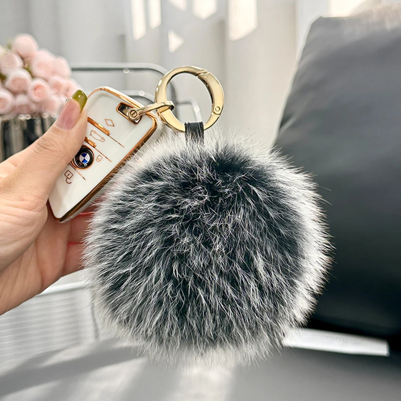 2024 Fluffy Real Fox Fur Ball Poms Keychain For Women Luxury Pompom Keyring Accessories Bag Decoration Emo Trinket Jewelry Gifts