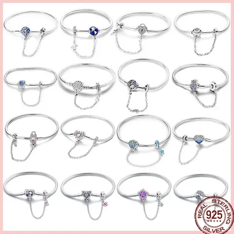 원래 팔찌 925 실버 17-20CM 심장 안전 3mm 체인 뱀 뼈 팔찌 맞는 DIY 매력 구슬 생일 보석 선물