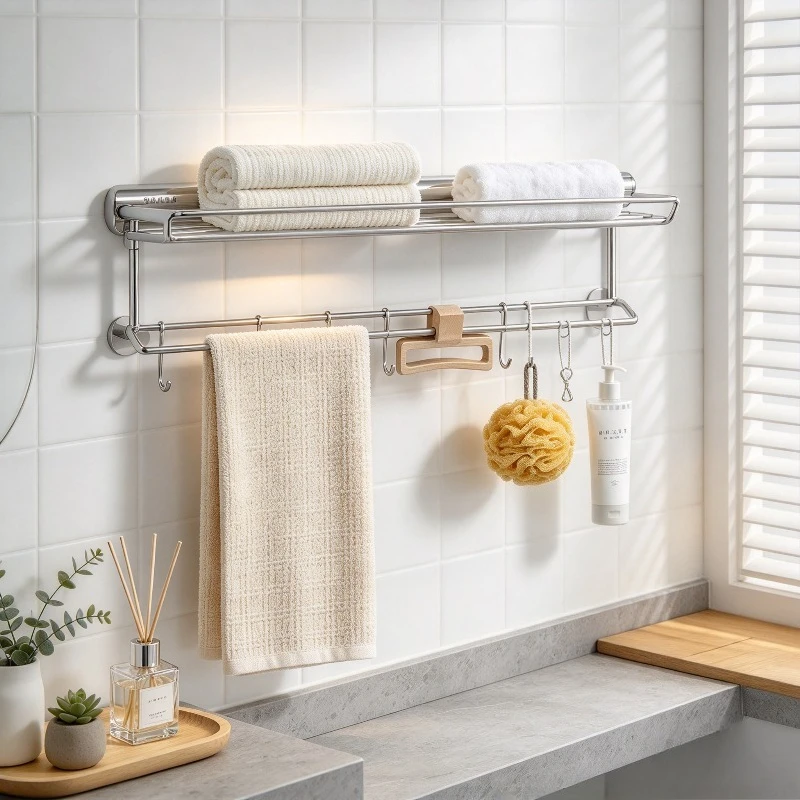 No-Drill 304 Stainless Steel Bathroom Towel Rack, Wall Mount Shelf Organizer, Integrated Hanging Bar Holder for Home Shower Use.