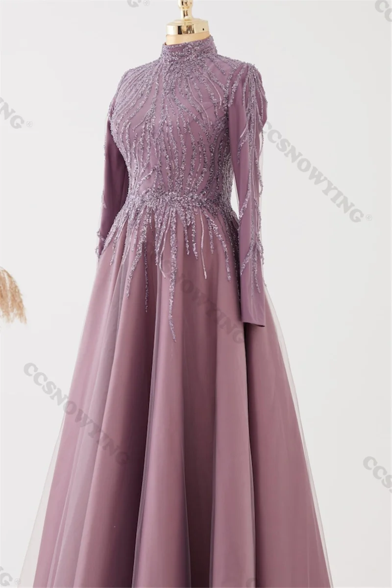 Robes de soirée musulmanes perlées pour femmes, appliques en tulle, manches longues, col haut, Hijab, robe de soirée formelle, arabe, Dubaï