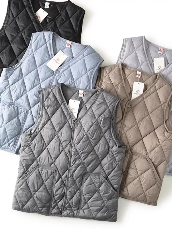 Autumn Winter Quilted down Cotton Vest Lightweight Windproof Warm V-Neck Casual Couple Style Diamond Patterned Unisex Vest