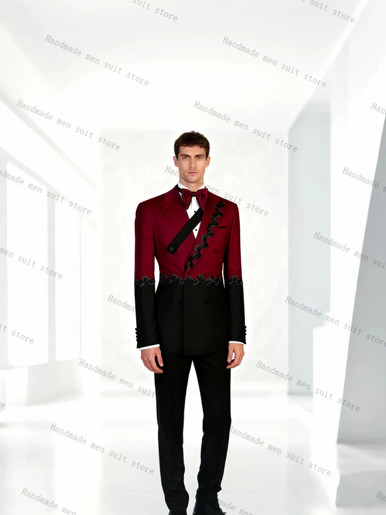 

Burgundy Black Men Suit Set 2 Piece Crystals Blazer+Pants Prom Wedding Tuxedos Coat Cotton Customized Formal Office Jacket