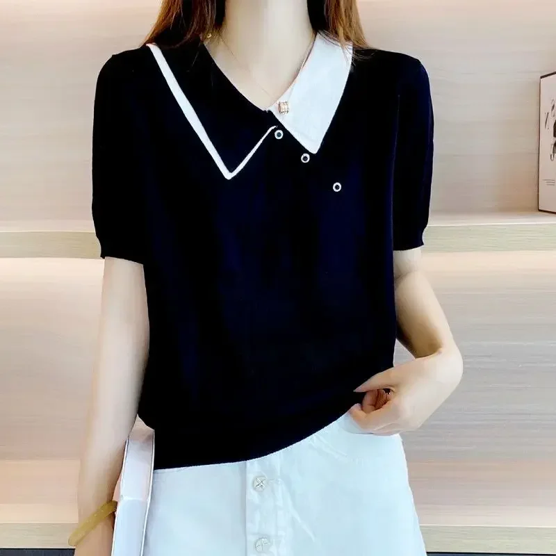 Black Clothing Polo Neck Shirts For Women T-shirt Woman Button Tops Short Sleeve Tee White Offer Trend Popular Youth Aesthetic V