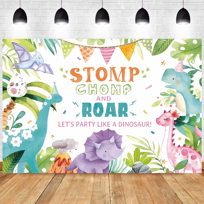 

Cartoon Birthday Party Dinosaurs Decoration Backdrop Jurassic Park Watercolor Cute Chomp and Roar Dino Baby Shower Background