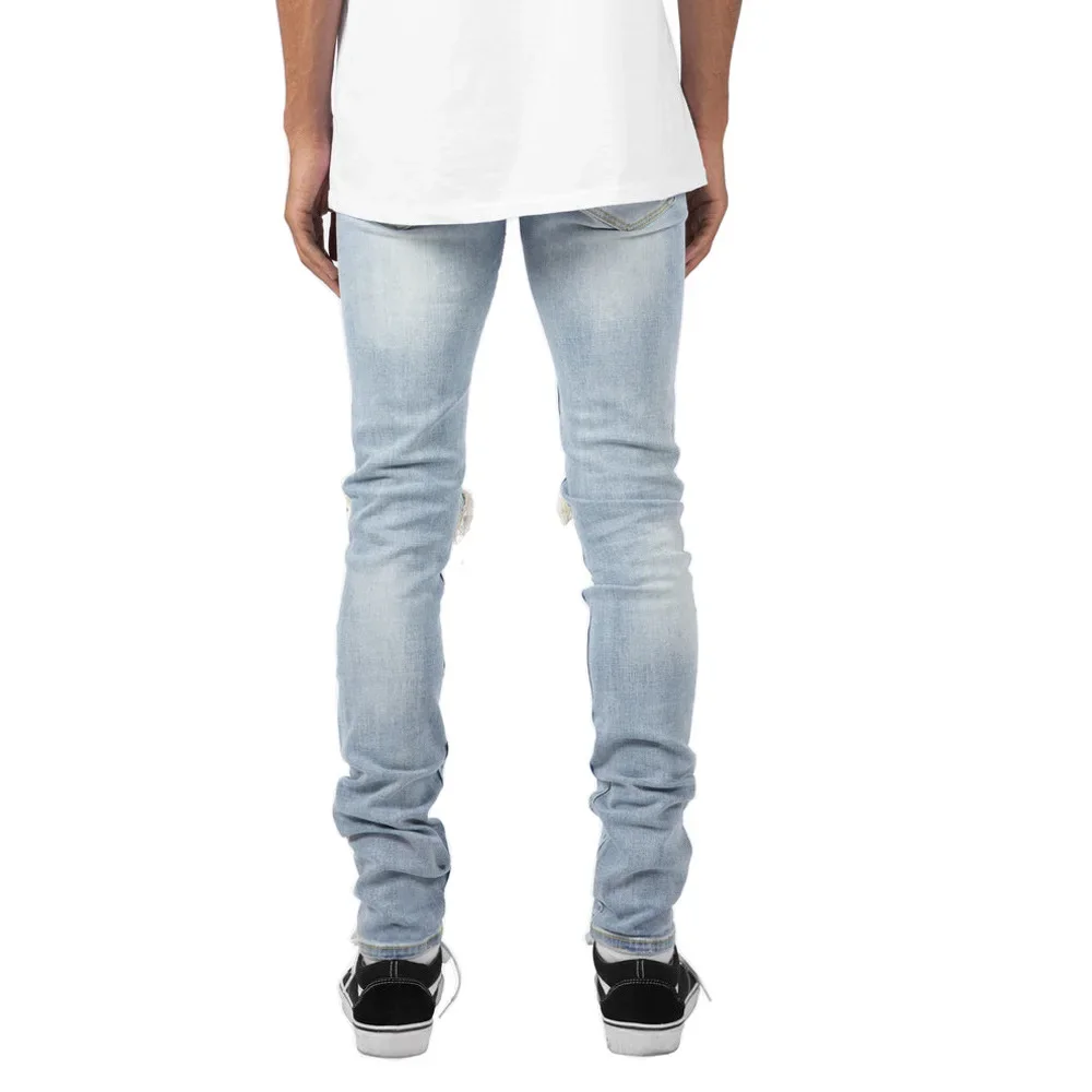 European and American Fashionable Men\'s Pure Color Jeans Personalized High Street Ripped Slim-fit and Stretch Ankle-length Jeans