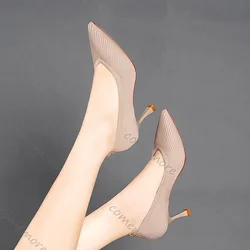 Comemore Pointed Toe Single Shoes High Heels Simple Solid Color Knitting pumps Woman Shoes Spring Autumn solid heels for women