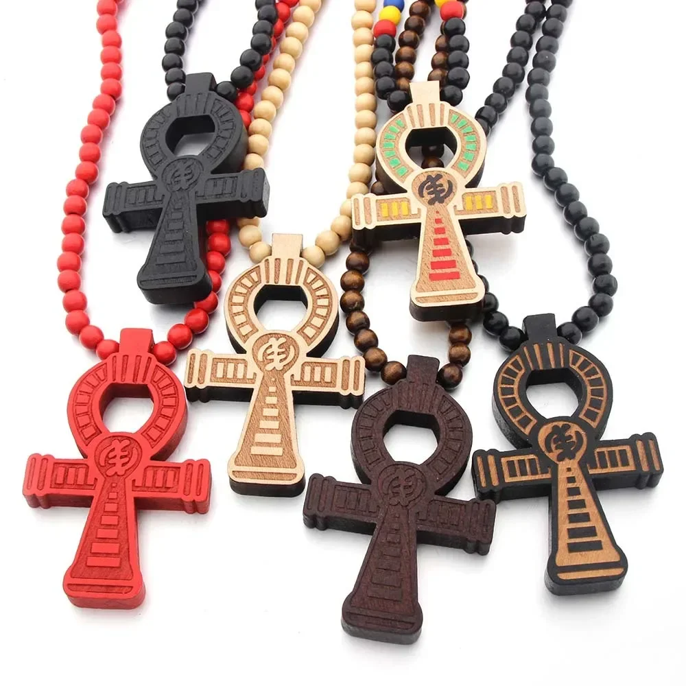 New Wooden Egypt Anka Cross Necklace Pendant For Men Woman Long Beaded Sweater Chain Necklaces Red Black Brown Color