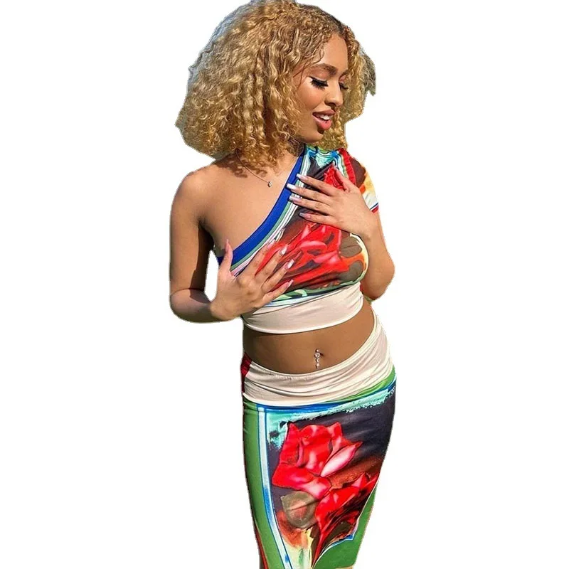 Wind 2023 moda de verano impreso Sexy fuera del hombro bolso de manga cadera medio cuerpo falda conjunto de dos piezas para mujeres
