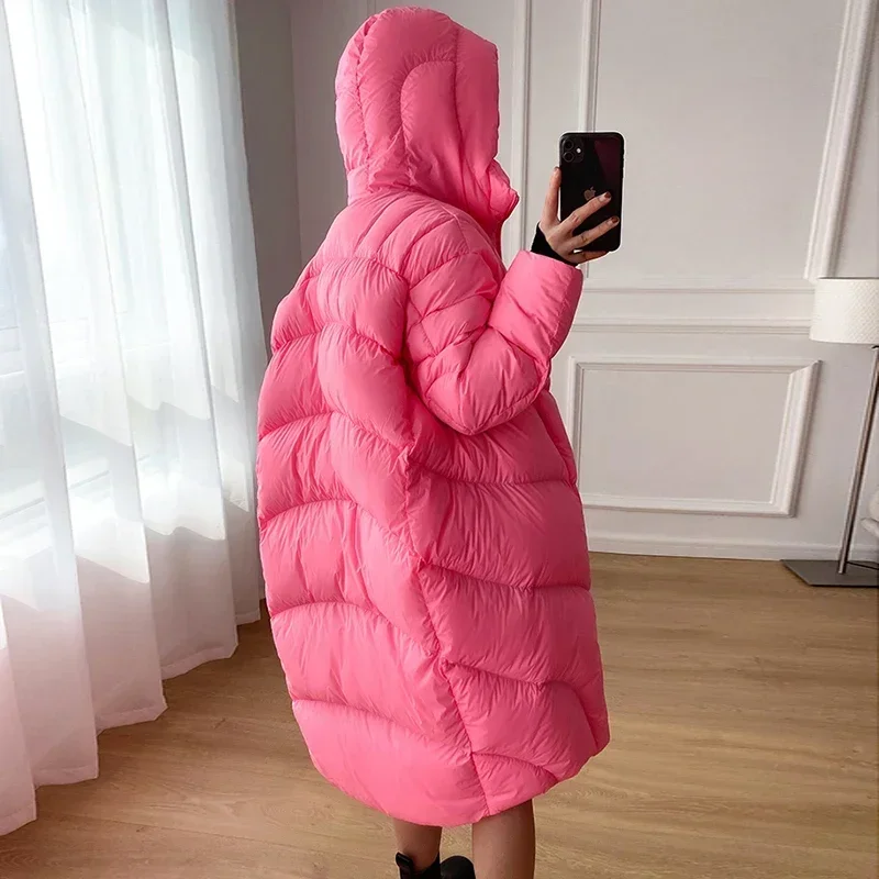 Simple Women\'s Winter Down Jacket Fluffy Warm Long Parka 2024 New High-end Cocoon Type Oversize Hooded White Duck Down Coat