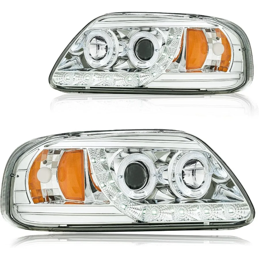 

Комплект светодиодных фар DRL в сборе с хромированным корпусом и янтарным отражателем для 19972004 F150 19971999 F250 19972002 Expedition En