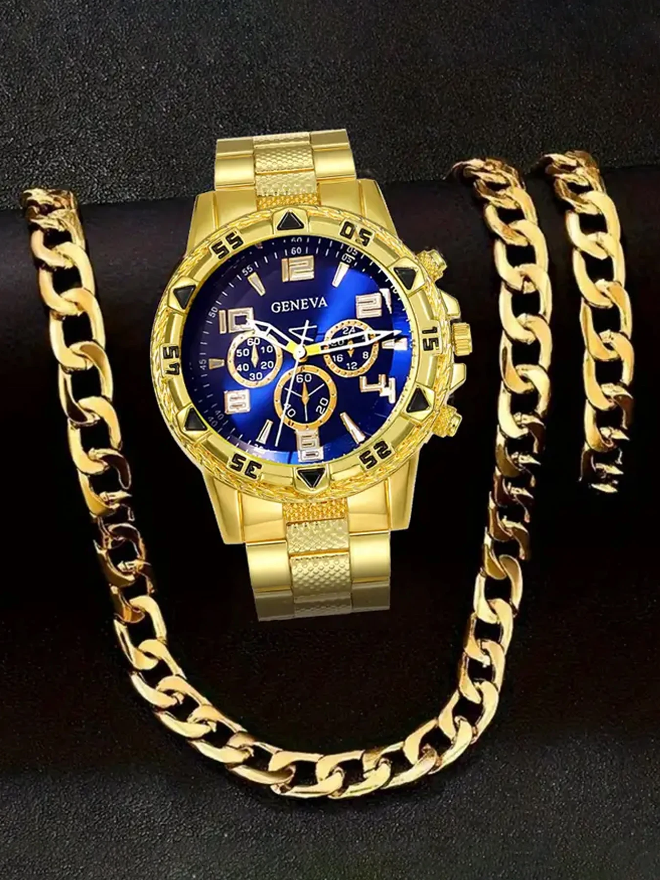 Blue light glass men's business watch with steel strap, quartz watch, multifunctional digital scale, three eye watch set