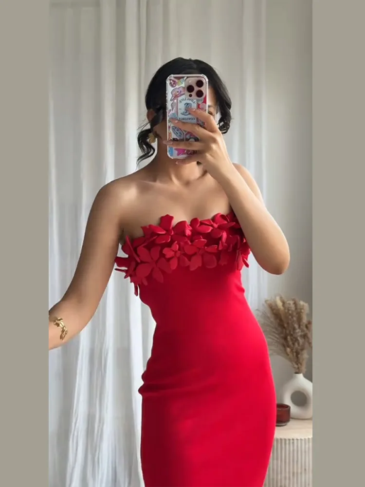 Trägerloses 3D-Blumen-Damenkleid, schulterfrei, sexy, rückenfrei, schmale Passform, Satin, einfarbig, Kleid, Roben, elegante Wickelhüfte, lange Kleider