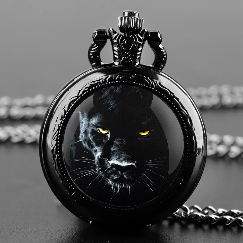 Panther Design Glass Dome Fashion Arabic Numerals Quartz Pocket Watch Necklace Pendant Chain Mens Women Gifts