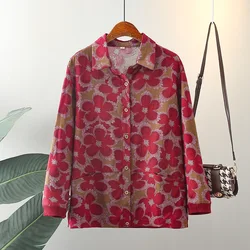 Camisa de talla grande para mujer, ropa informal de otoño, Tops curvos florales de algodón y lino de manga larga, T84 2320