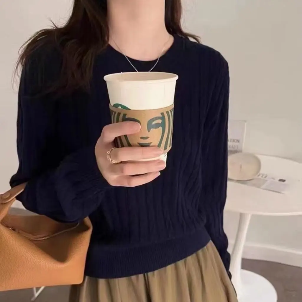 

Korean Twist Pony Knitwear Women's round Neck Loose Top Retro Pure Color Autumn Winter New Versatile Pure Color Knitwear