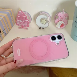 Cute Pink Magnetic Phone Case For iPhone 16 Pro 15 13 14 Pro Max Cover with Stand Kawaii Silicone Cases For Apple 15 ProMax Capa