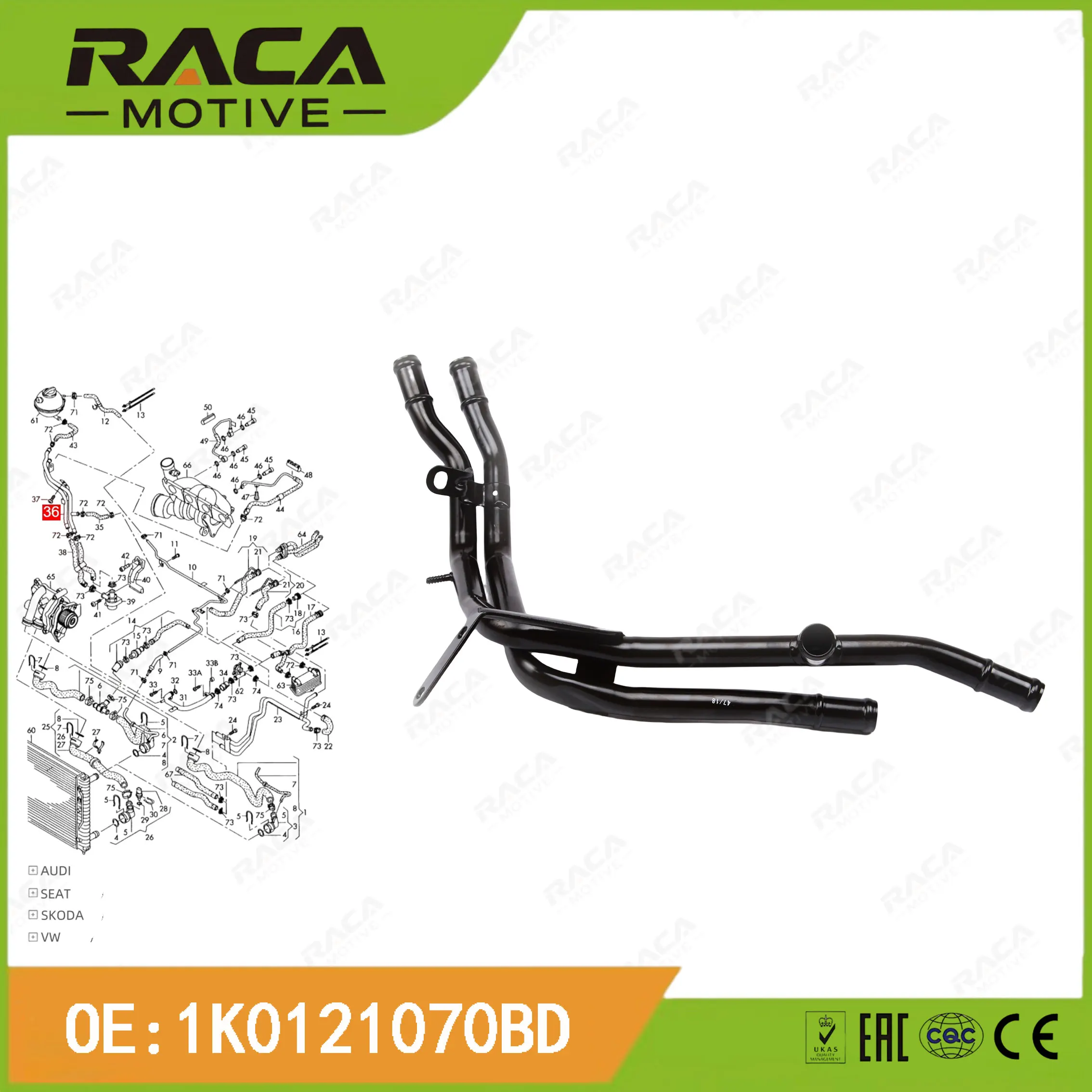 

Engine Coolant Pipe Suitable for Audi A3 Q3 S3 Tt Volkswagen Cc Passat Tiguan Golf Seat Skoda 2.0t 1.8t 1K0121070Bd