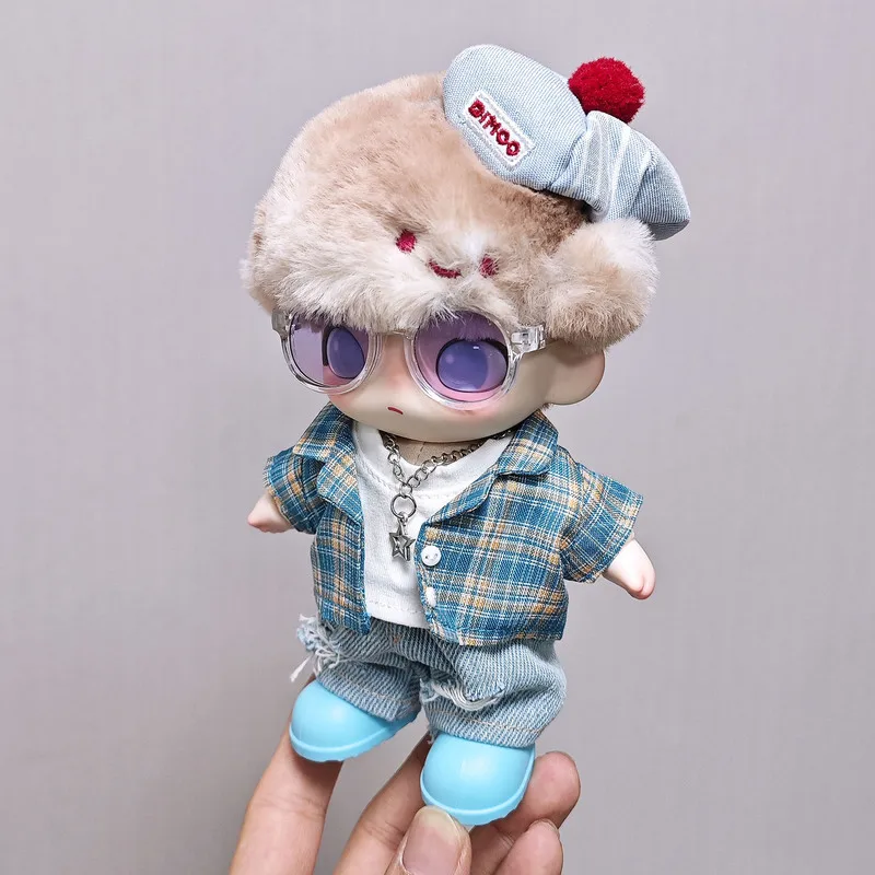 Für Dimoo Puppenkleidung, Sommer, blau kariertes Hemd, 6-teilig, modisches Trend-Einstellungs-Outfit, Baumwoll-Puppenkleidungszubehör