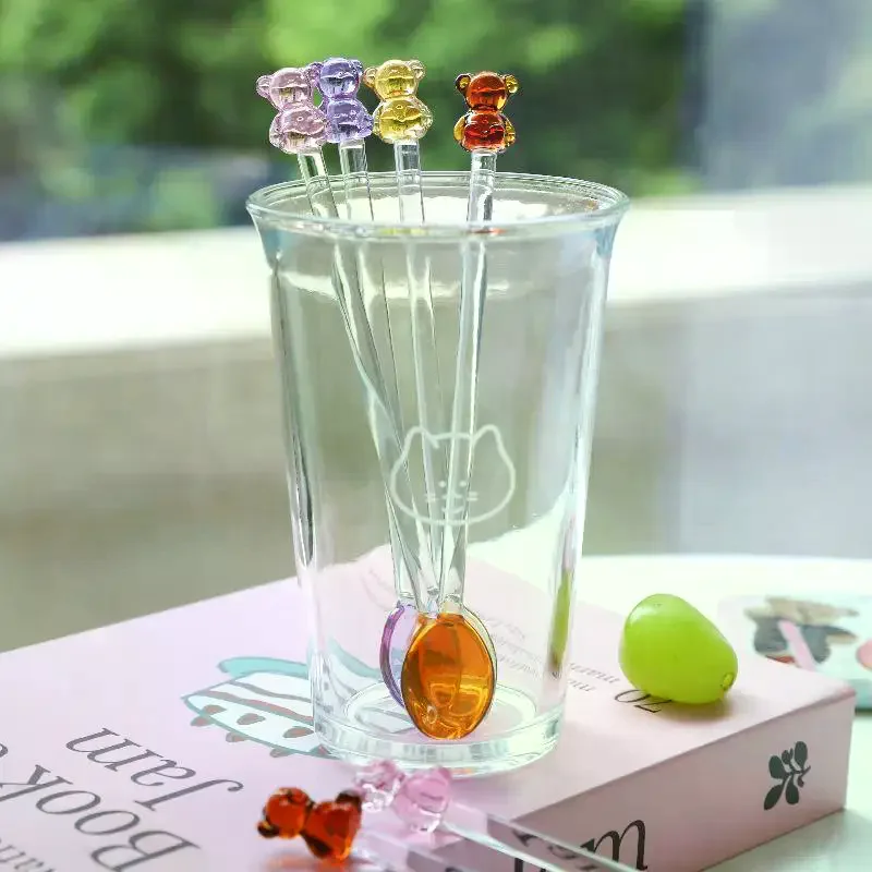 Creative Bear Coffee Spoon Kitchen Dessert Cake Scoops Colorful Glass Tea Spoons Long Handle Mixing Round Spoon