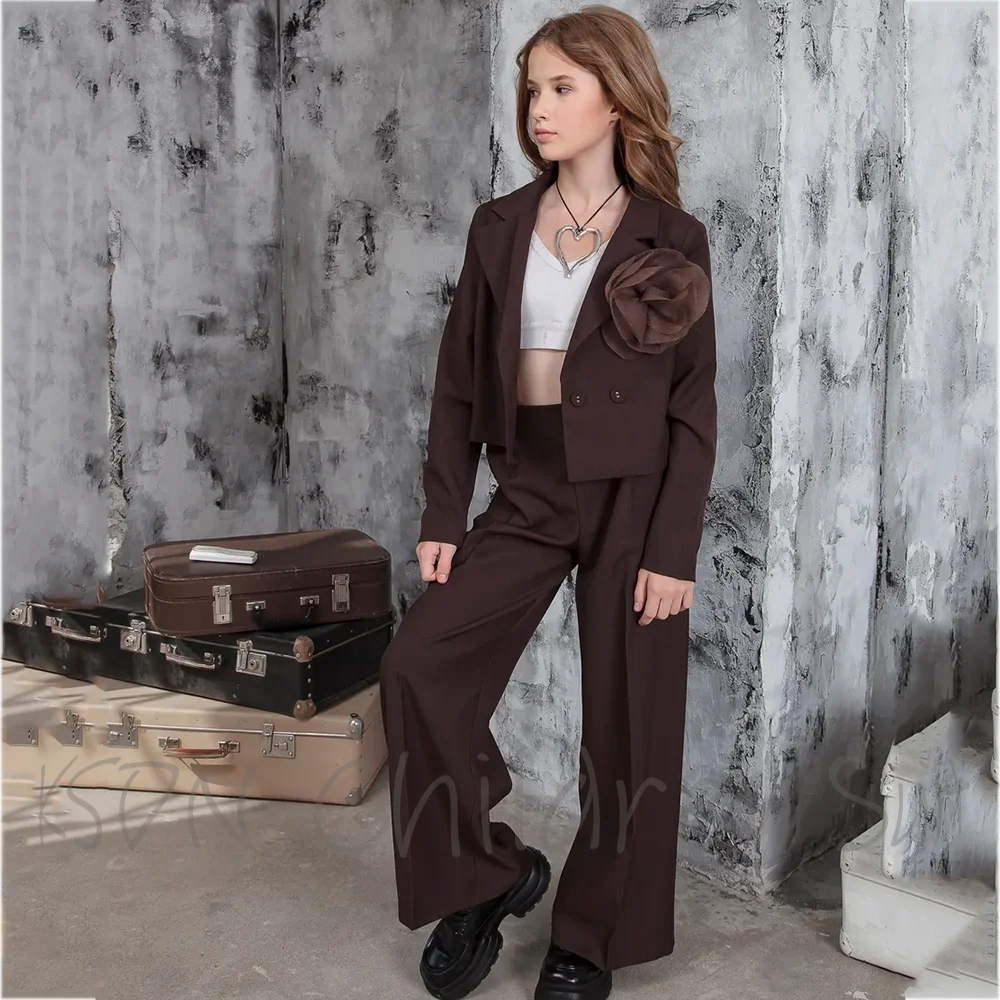 Dark Brown Teen Girl Suit Two Piece Notch Lapel Double Button Retro Studio Shoot Formal Party Elegant Kids Outfit(Jacket+Pants)