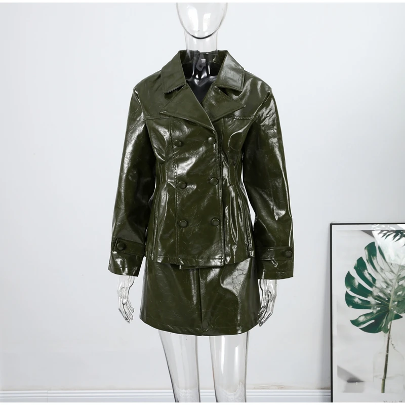 Solid PU Leather Women's Jacket Mini Skirt Set Lapel Neck Full Sleeve Double Breasted Coat Suit 2025 Autumn Stylish Edgy Outfit