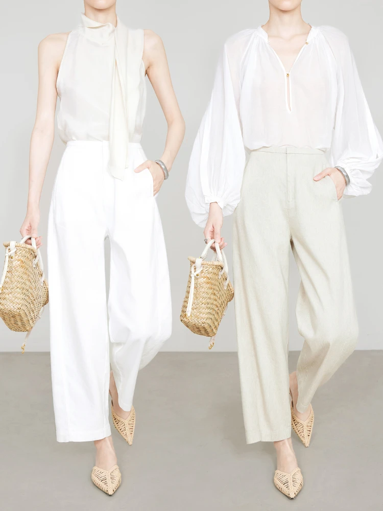 

Chamoka Casual High Waist Straight Leg Linen Pants Women's Spring Summer New Sle Commute Slimming White Trousers