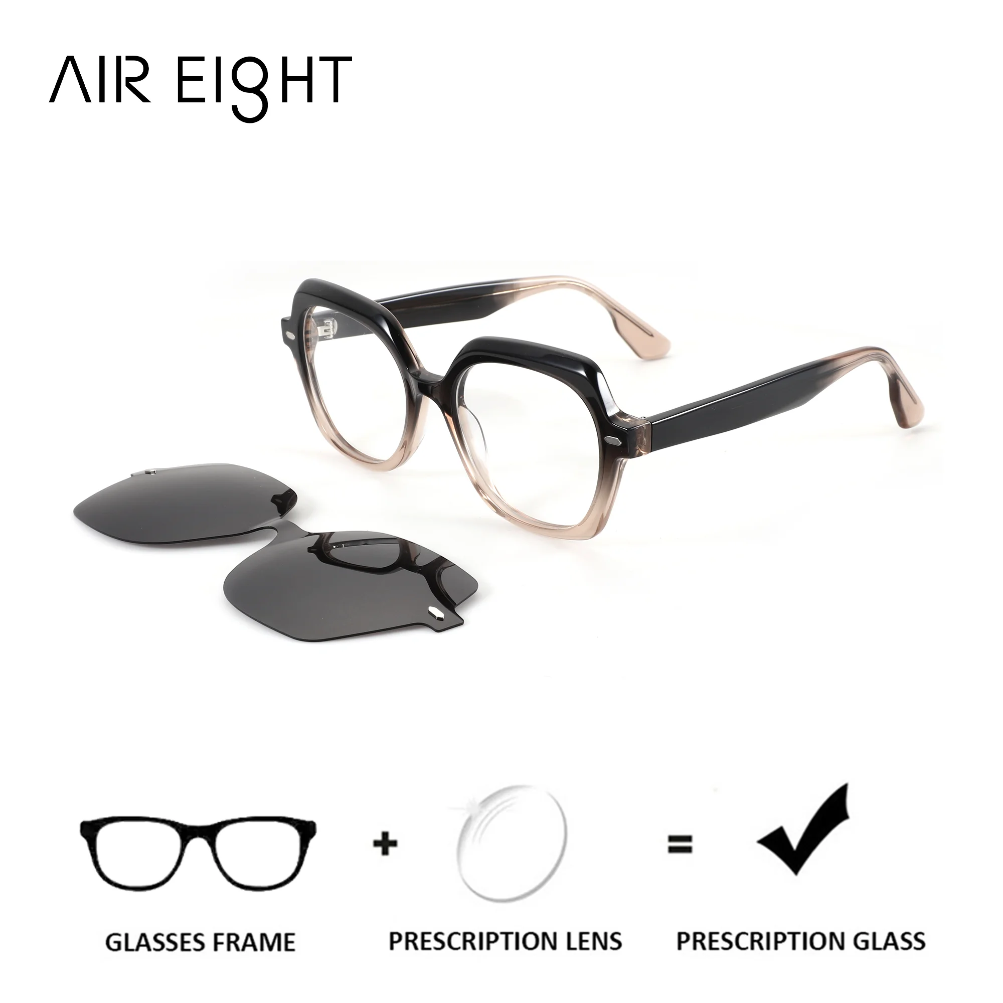 AIREIGHT M Size Acetate Polygon Myopia Magnetic Clip On Prescription Eyeglasses for Women UV420 Blue Light Progressive Glasses