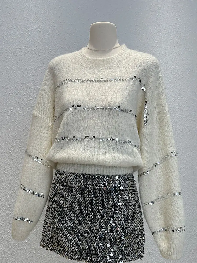 

Korejpaa Long Sleeved Knitted Sweater Women Autumn Winter Korean Fashion Pull Femme Sequin Round Neck Casual Sueter Mujer
