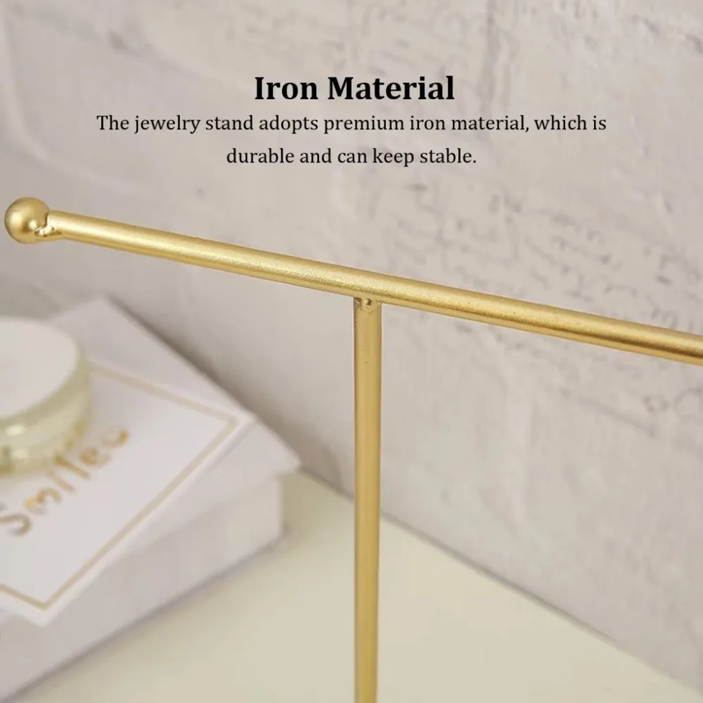 

Metal Frame Jewelry Display Stand Horizontal Bar Single Layer T-Shaped Stand Space Saving Round Base Jewelry Storage Rack