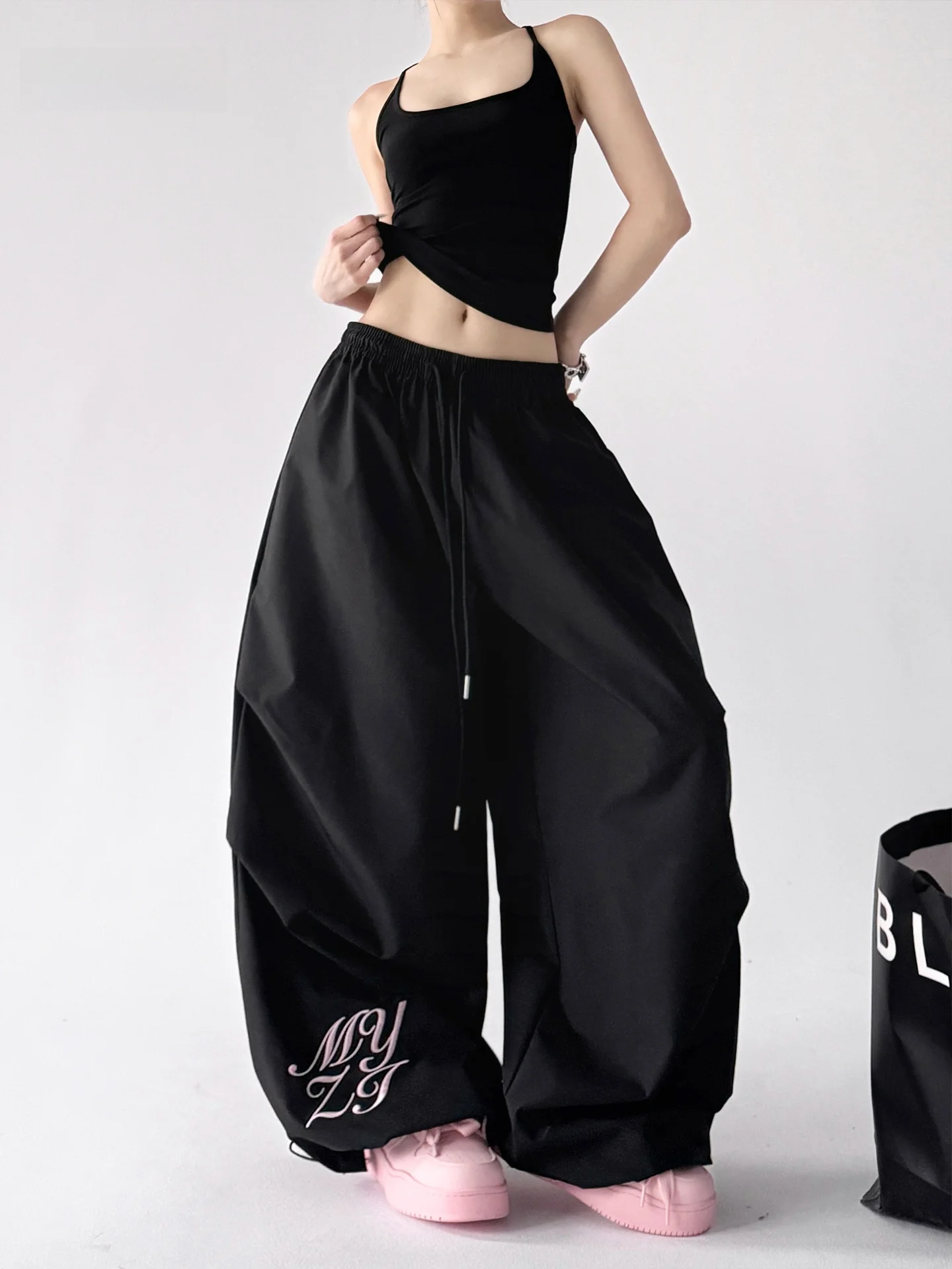 

Jazz Dance High Street Trousers Women's Spring Autumn Loose Slimming Dstring Casual Pants High Waist Wide Leg Cotton Blend