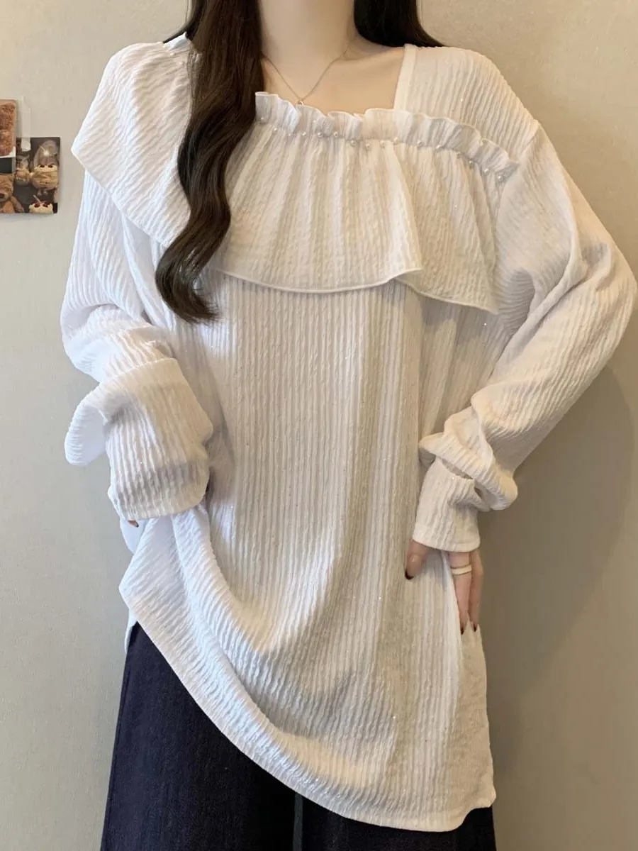 Women's Long Sleeve T-Shirt Pearl Lace Hem Base Shirt plus Size Spring Autumn High Waist Cover Butt Top Comfortable Breathable