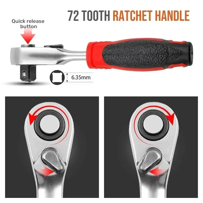 Ratchet Socket Wrench Screwdriver 72-tooth Small Mini Quick Wrench 1/4-6.35mm Batch Head Socket Handle Spanner Hand Repair Tools