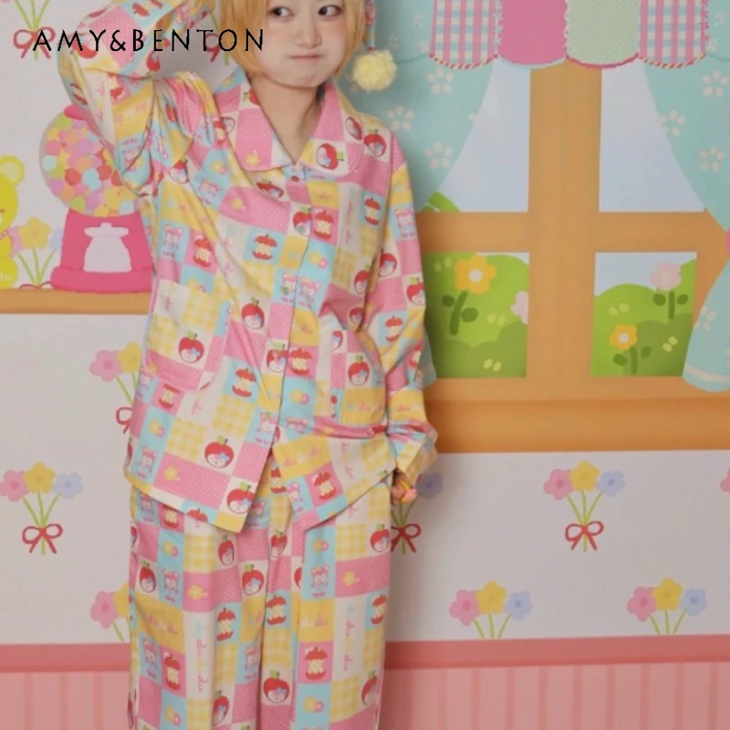 

Japanese Original Design Cute Fruit Print Women's Pajama Set 2025 Autumn Winter New Sweet Y2k Loose Long Homewear Pajamas Ladies