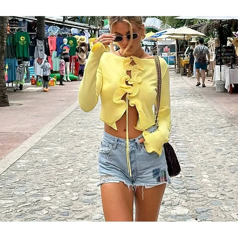 Lente Nieuwe Collectie Dames Amerikaanse Sle Bloemen Trim Splice Kleur Blo Ronde Ne Lange Sve Belted Ort Gebreid Vest