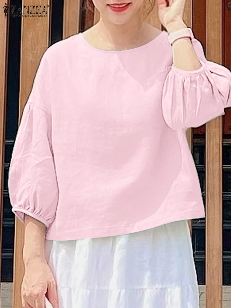 

ZANZEA Elegant Lantern Sleeve Blusas Mujer Casual Korean Fashion Solid Color O Neck Shirt Tops 2024 Summer Commute Women Blouses