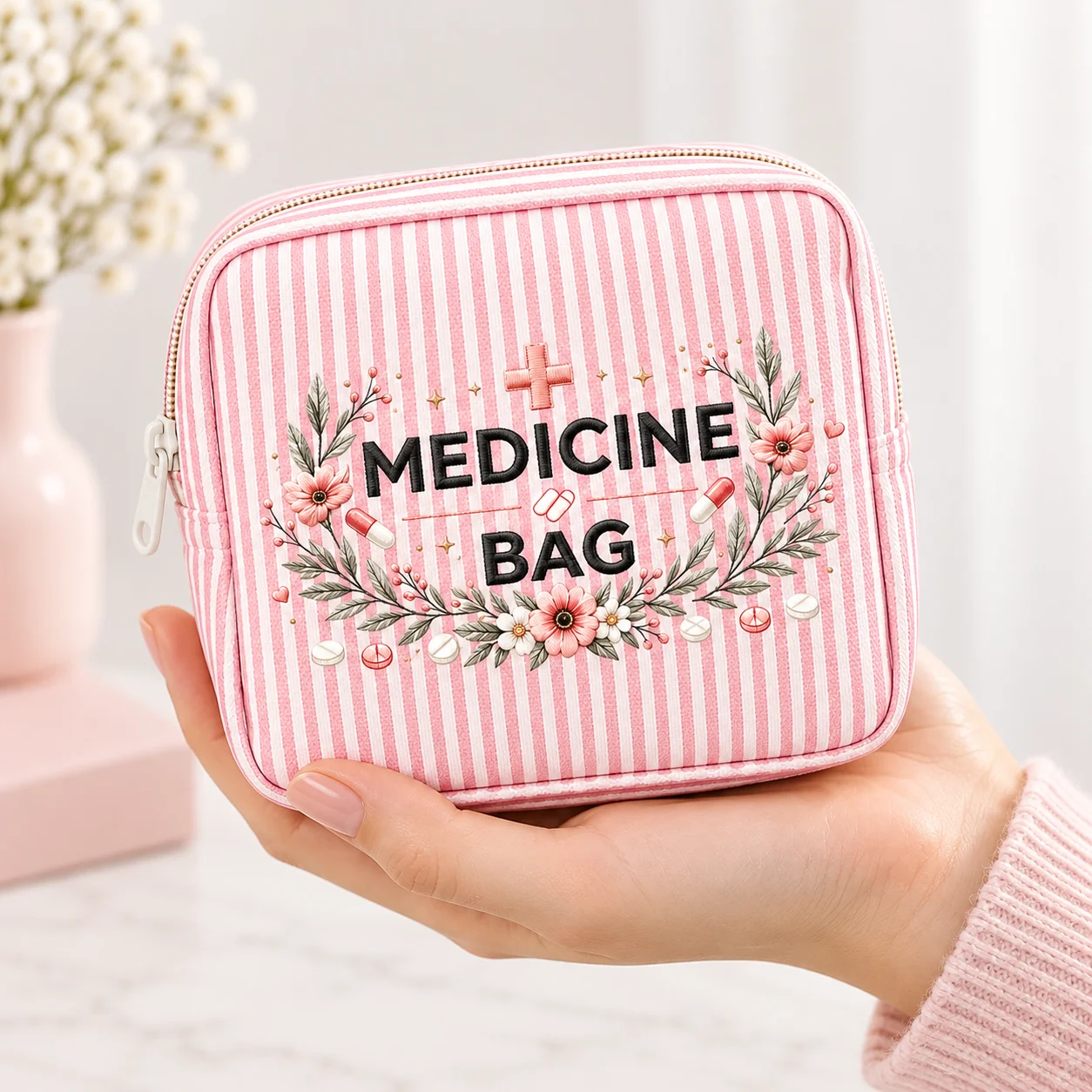 Medicine Bag Floral Print Portable Storage Pouch Pink Striped Travel First Aid Organizer Cosmetic Toiletry Case for Women Girls