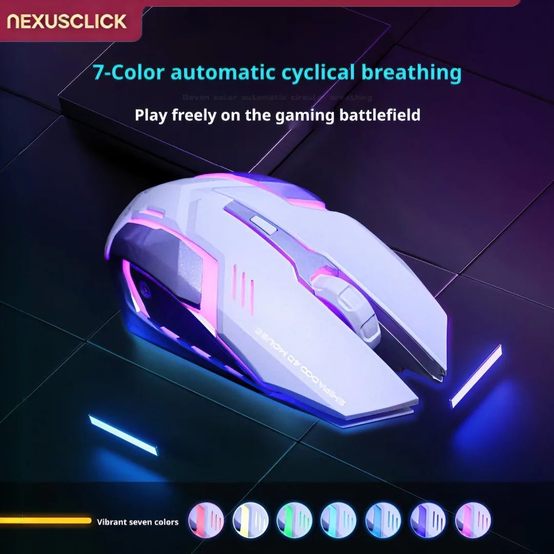 NexusClick S150 Wired Gaming Mouse, 7‑Color Breathing LED, 1600 DPI Ergonomic 4 Keys Silent USB Mice for Office PC Laptop Gamers