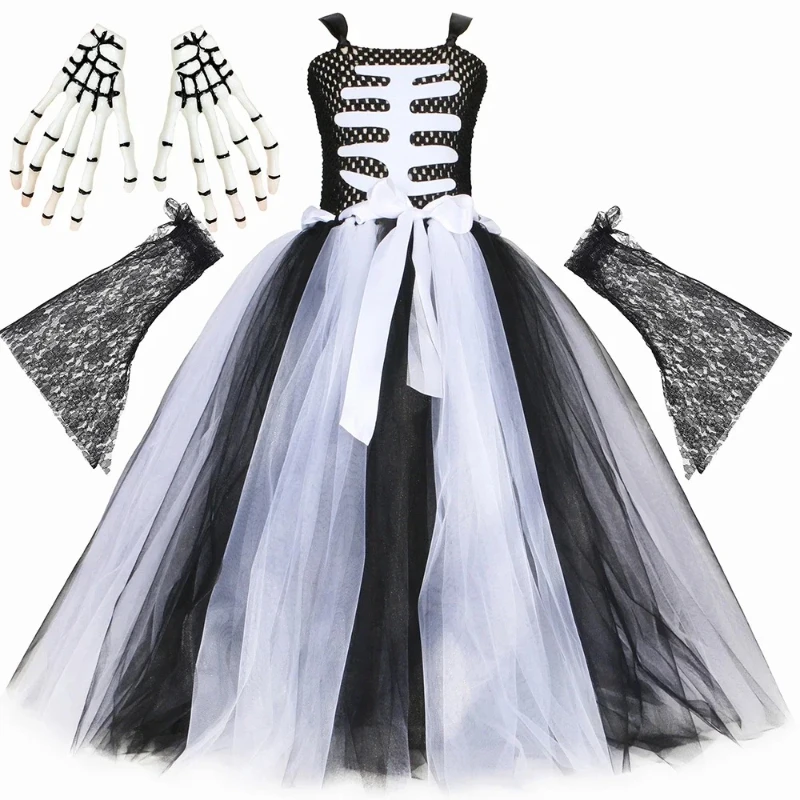 White Black Skeleton Halloween Costumes Girls Scary Ghost Long Tutu Dress Kids Dead of The Day Carnival Outfit with Lace Sleeves