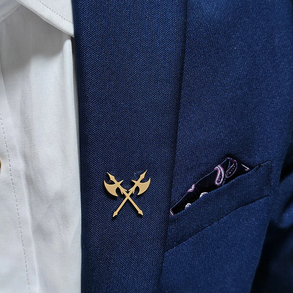 

New - Stainless Steel 18k Gold Plated Stainless Steel Brooch: Cross tomahawk design, stylish lapel pin