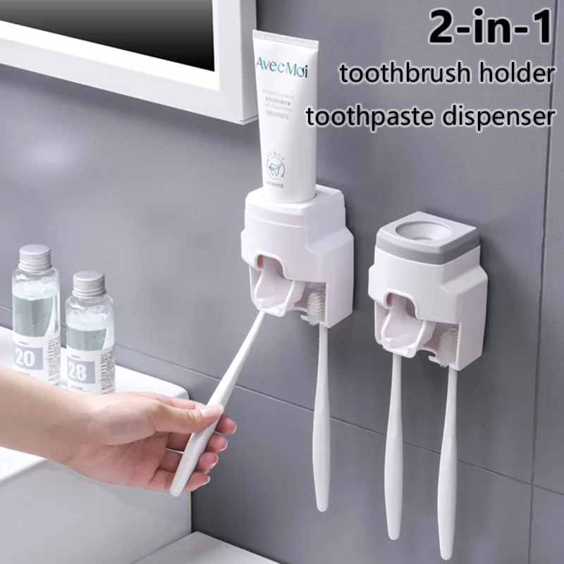 

Toothbrush Holder Set Toothpaste Dispenser Wall Mount Stand Bathroom Accessories Set Rolling Automatic Squeezer Family Hygienic