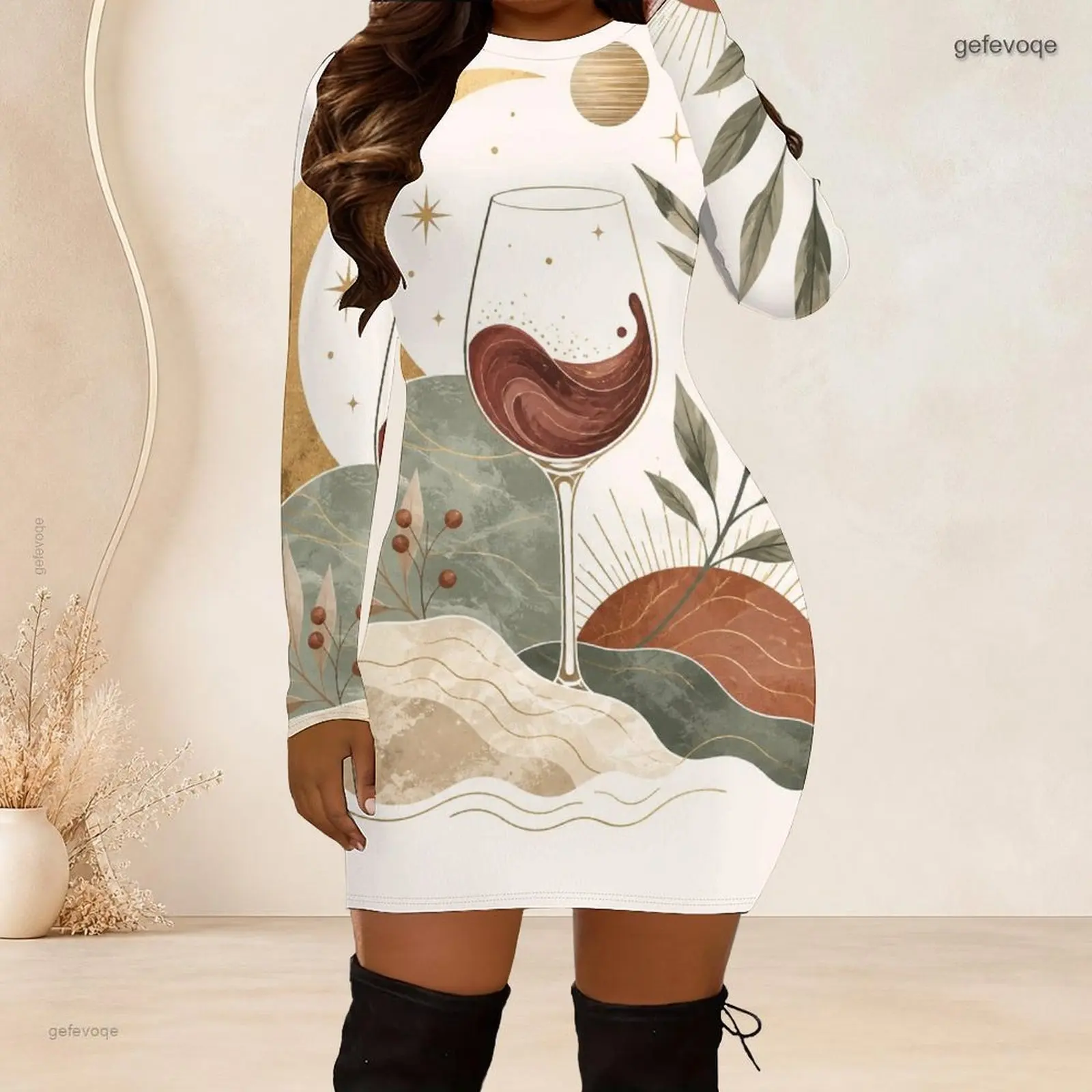 Women Crew Neck Long Sleeve Bodycon Mini Dress Slim Fitted Pencil Short Dress Custom Print Ladies Club Party Dresses