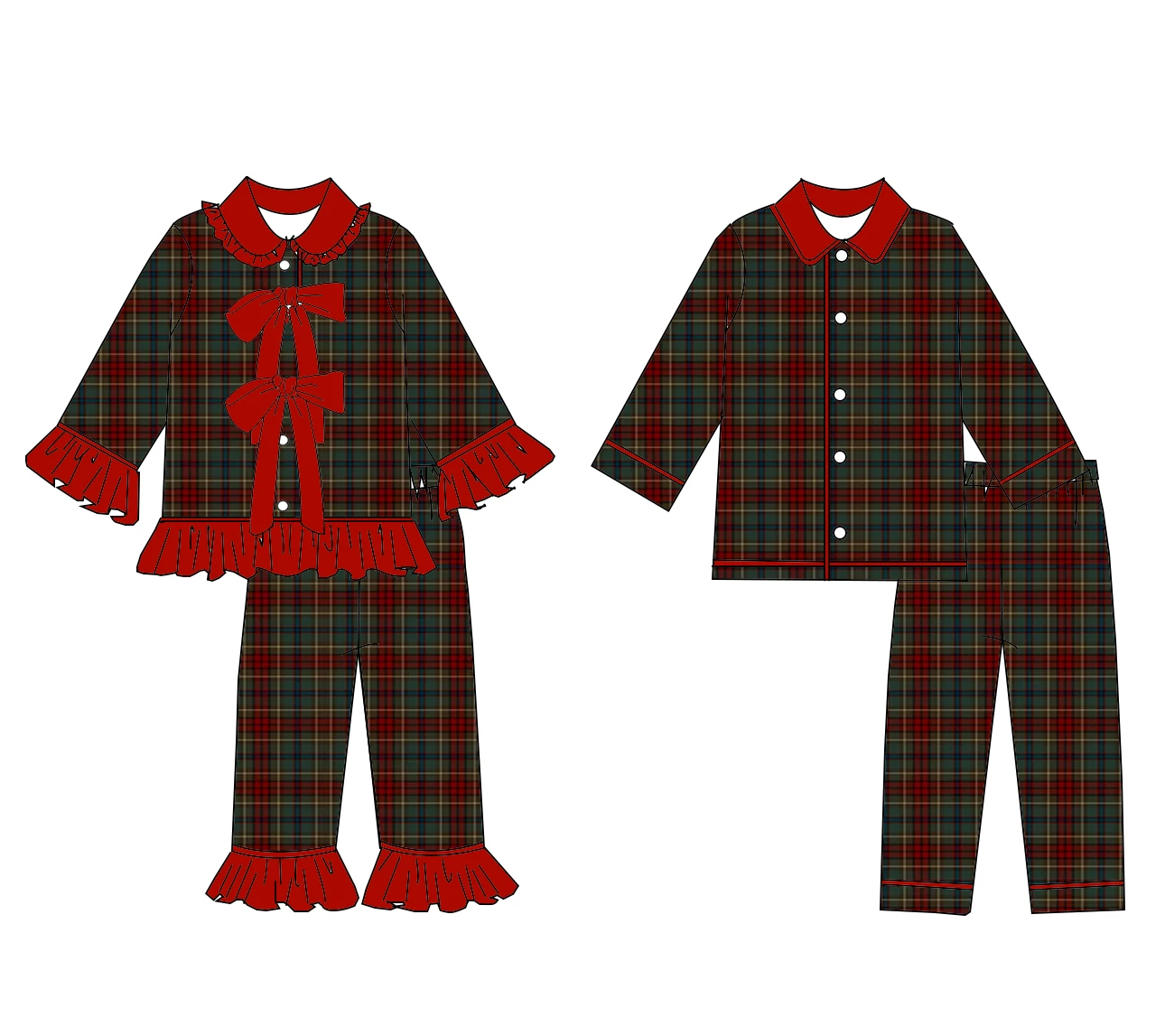 Boutique Children's Set New Christmas Plaid Print Long-Sleeve & Pants Set Boys And Girls – 2-Piece Sleepwear Outfit