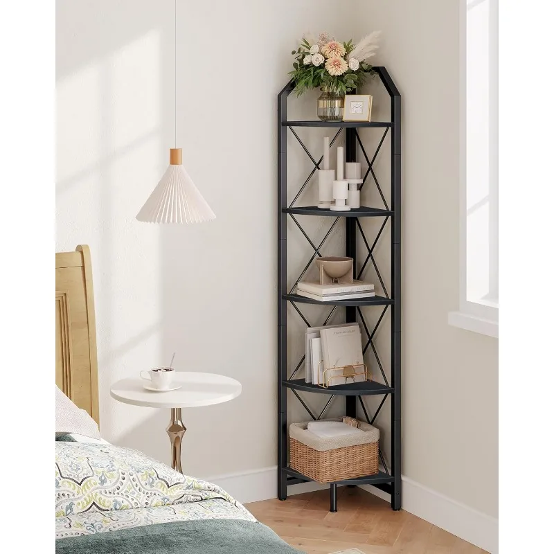 

5-уровневая угловая полка, промышленная угловая книжная полка, угловая подставка для хранения 59,4 дюйма, полка для демонстрации растений, гостиная, домашний офис